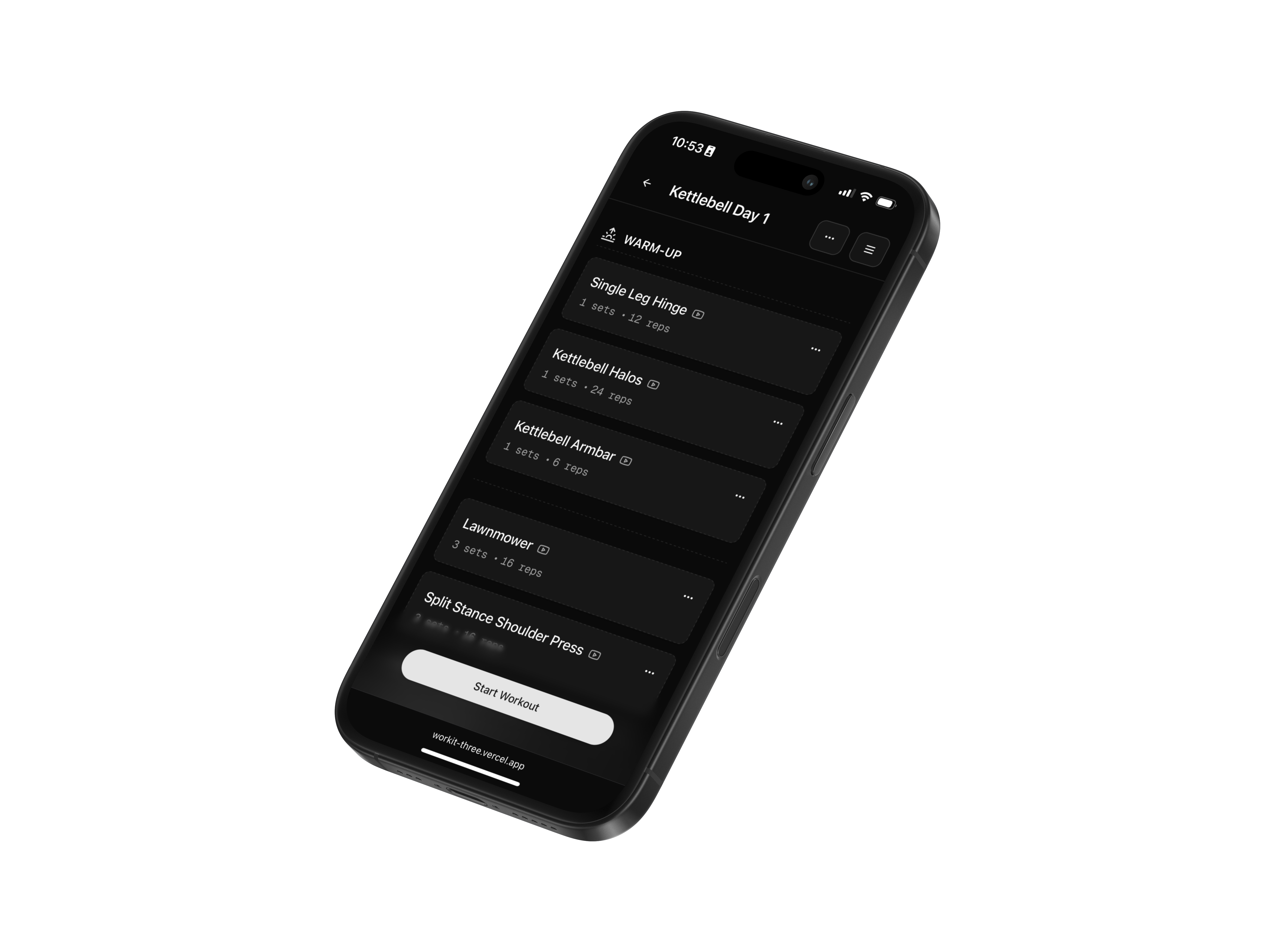 WorkIt app interface showing a kettlebell workout